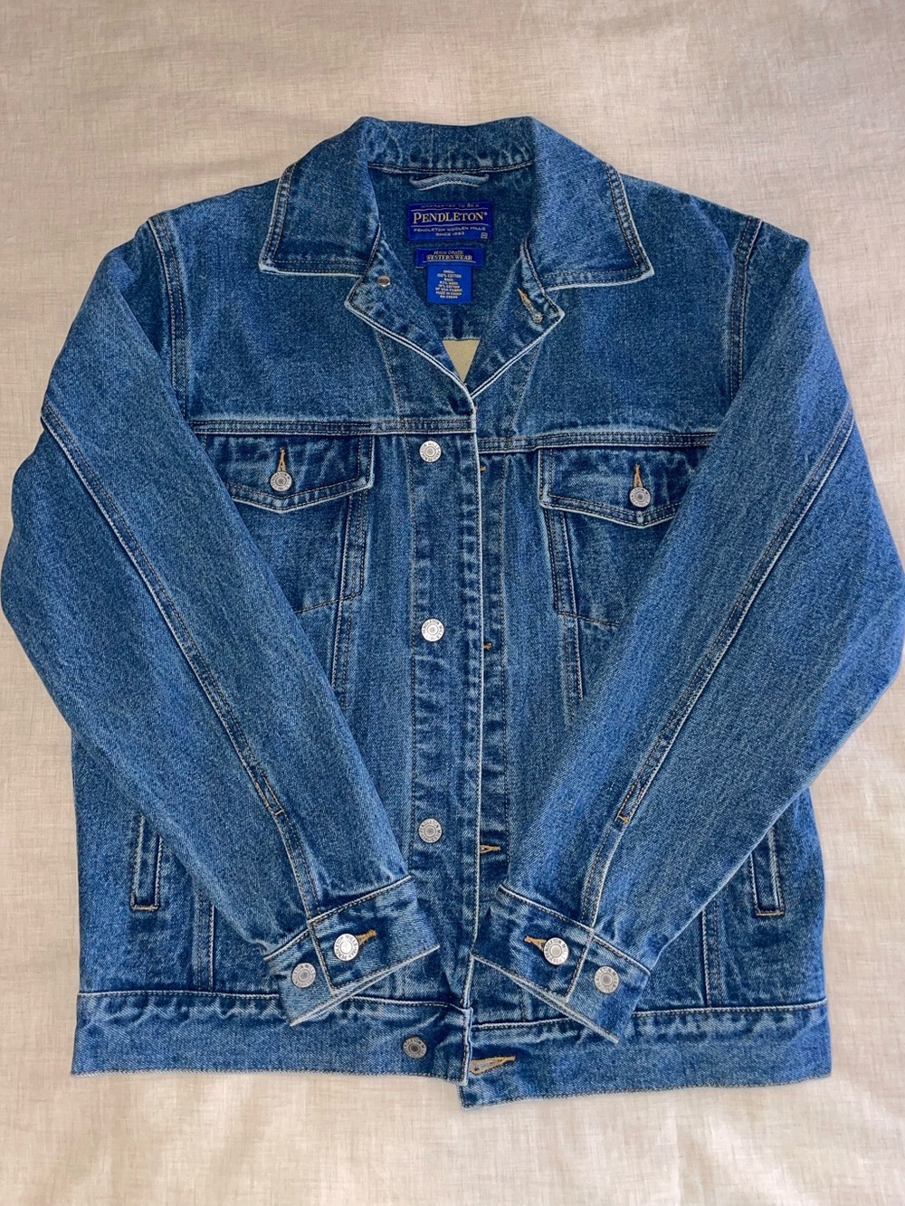 Pendleton Denim Jean Jacket Wool Aztec Geometric Panel Patch - Picture 2 of 13